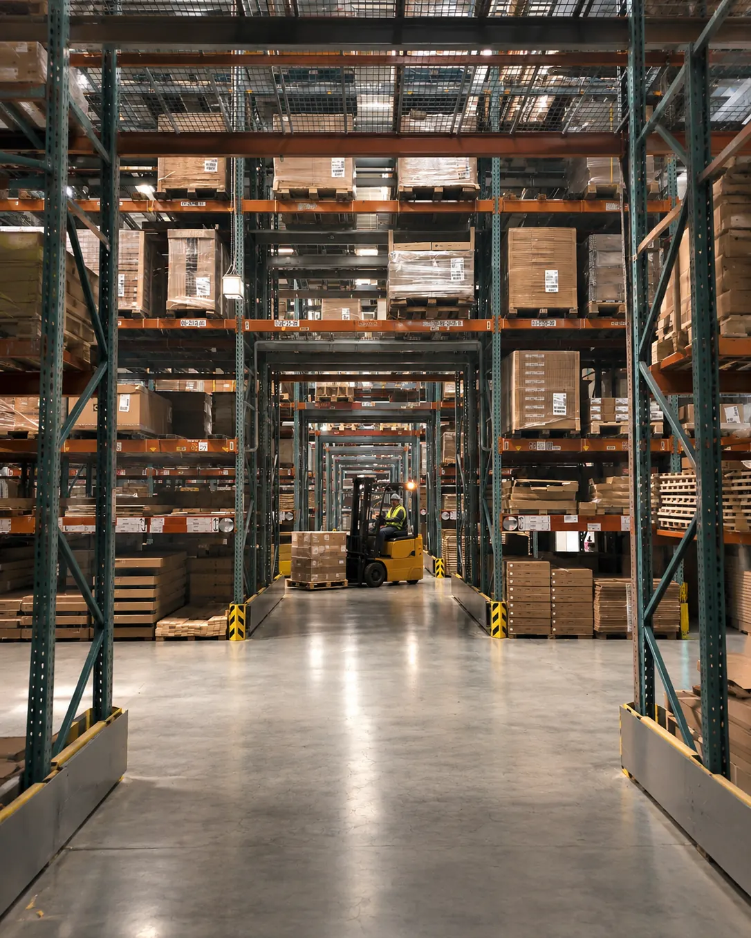 Warehouse aisle with palletised cartons and a forklift